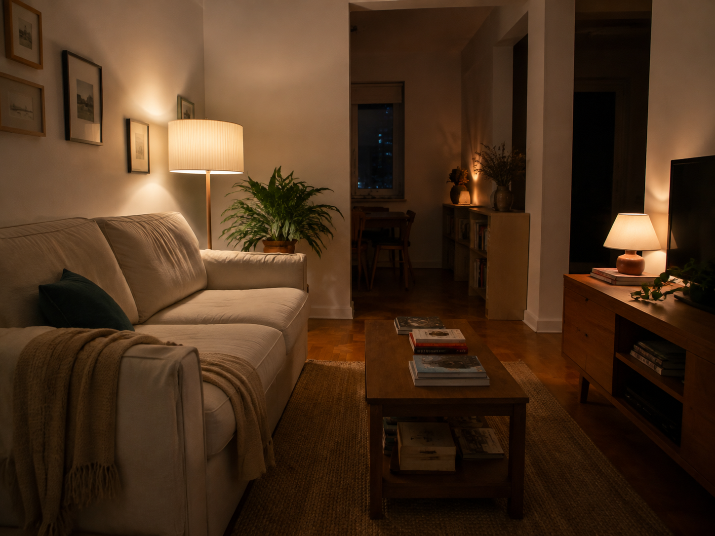 Sala real ao entardecer com luminária de piso e três pontos de luz quente