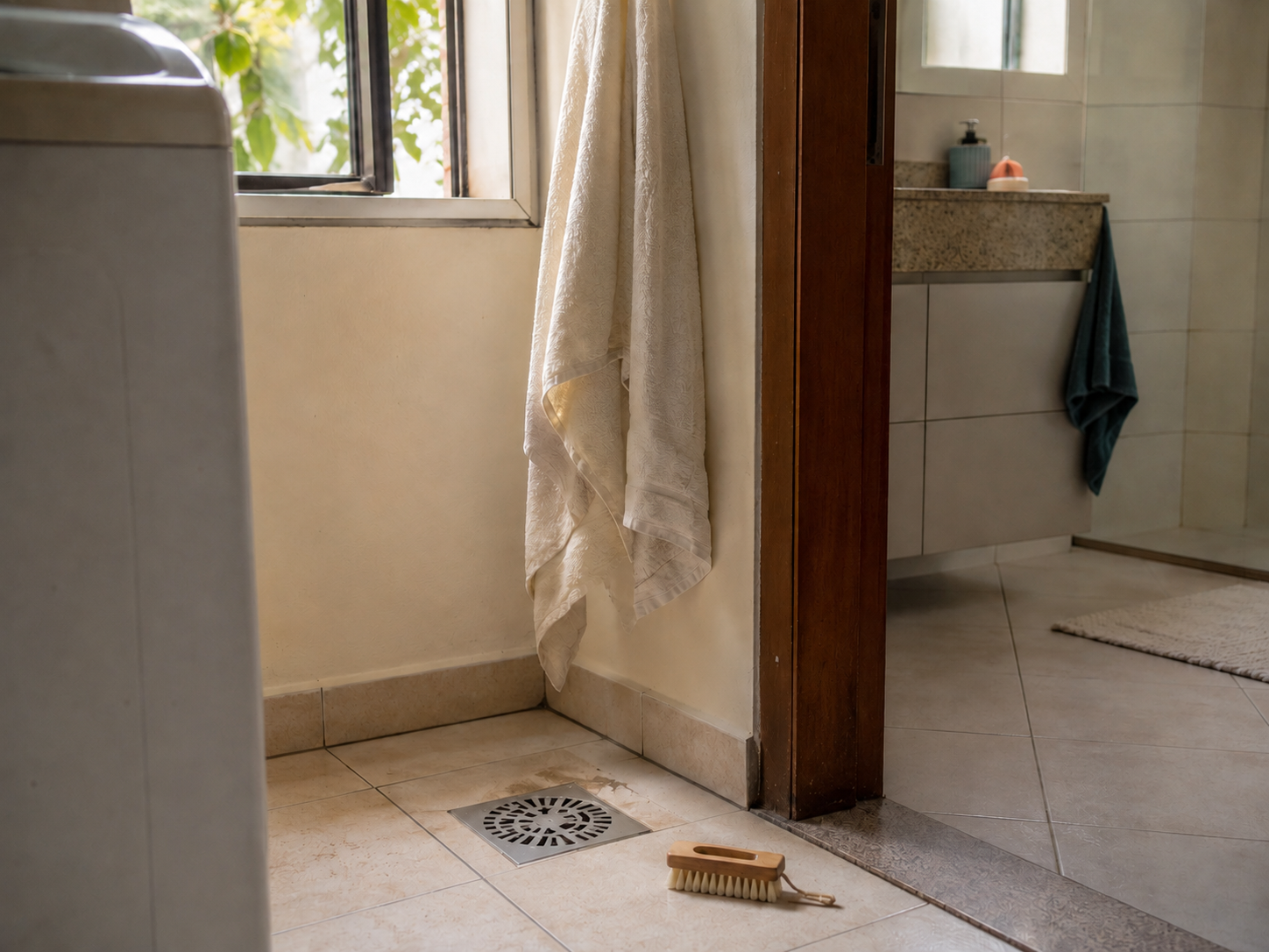 Lavanderia real com janela aberta, toalha, ralo e materiais de limpeza discretos