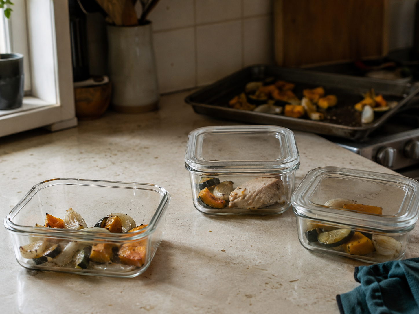 Bancada de cozinha real com legumes assados, frango, potes e pano de linho